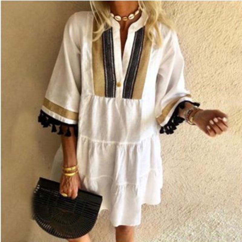 2022 Summer V Neck Tassel Beach Dress Spring Vintage Floral Print Sleeve Party Casual Loose A-Line Dress Women Vestido alx