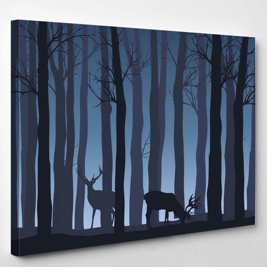 Vector Night Forest Landscape Two Deer – Deer Animals Canvas Print