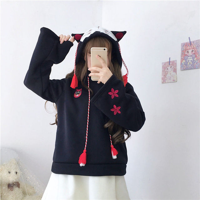 casual girl cute cat hoodies animal hoodies with ears and tail japanese embroidery hoodie oversized hoodie cute sweatshirt girls alx