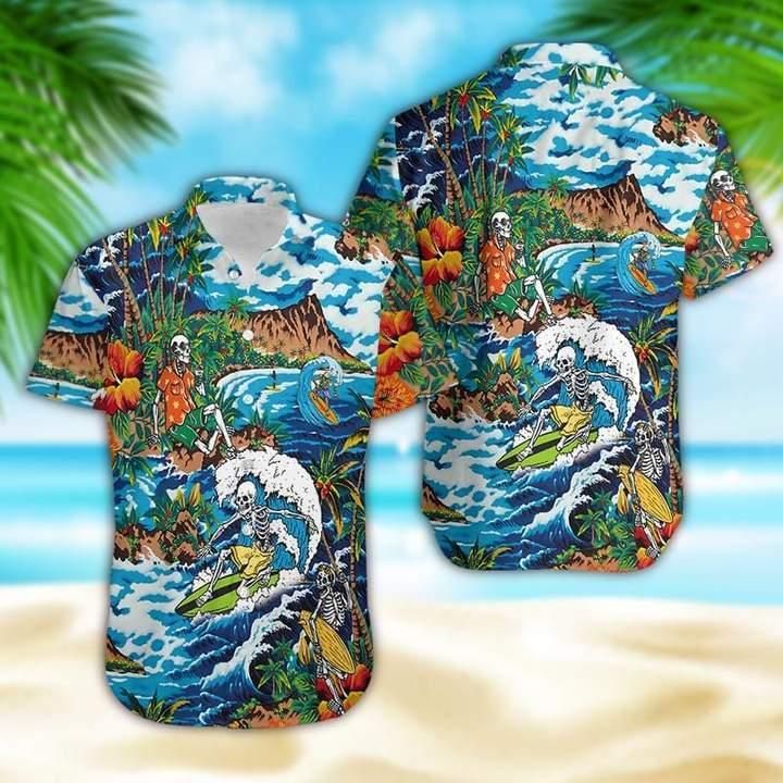 Amazing Skeleton Surfing On Tropical Isl Aloha Hawaiian Shirt Colorful Short Sleeve Summer Beach Casual Shirt For Men And Women