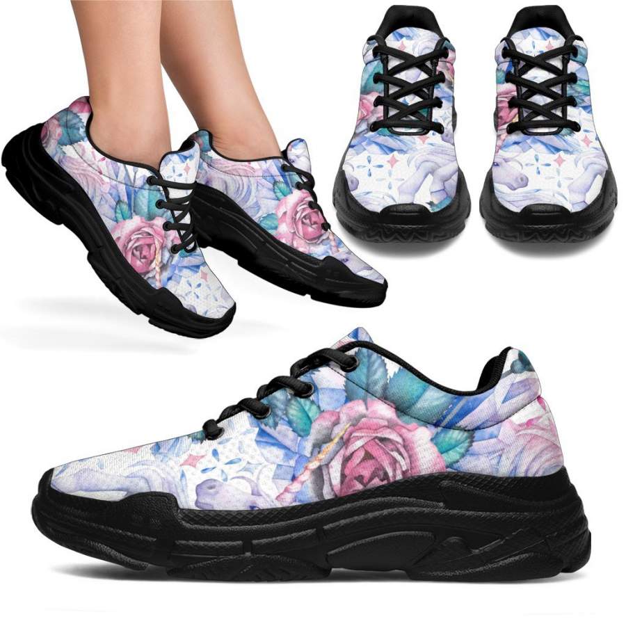 White Fairy Rose Unicorn Pattern Print Chunky Sneakers