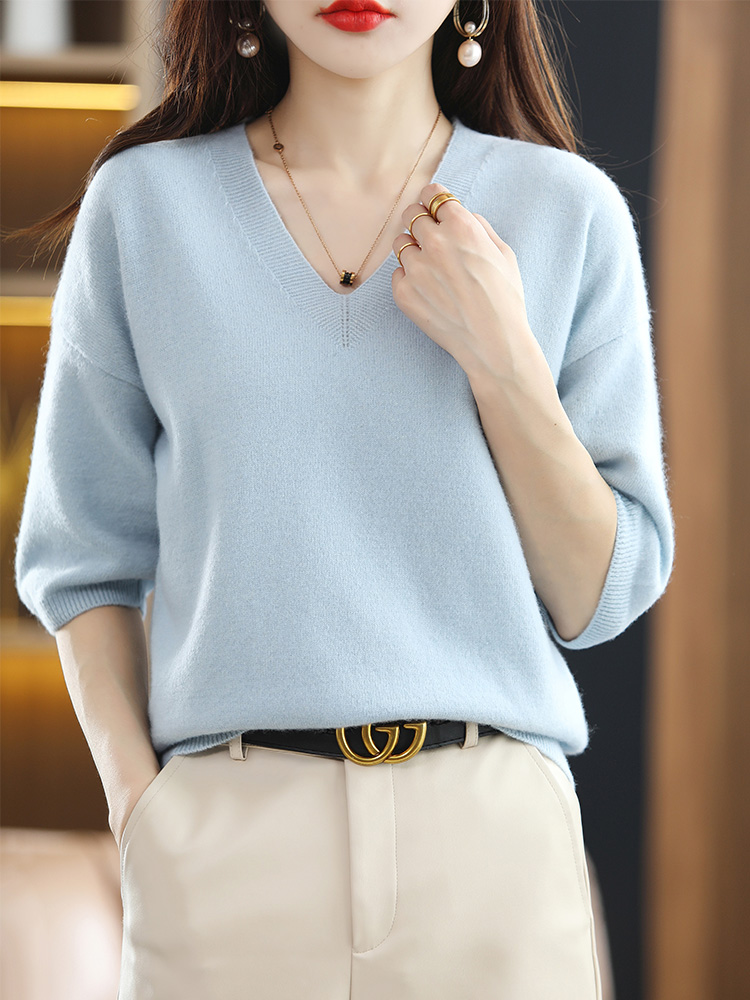 2022V-Neck Sweater Women Knit Short-Sleeve 100%Wool T-Shirt Summer New Pullovers Loose Thin Cashmere Solid Base Shirt Female Top alx