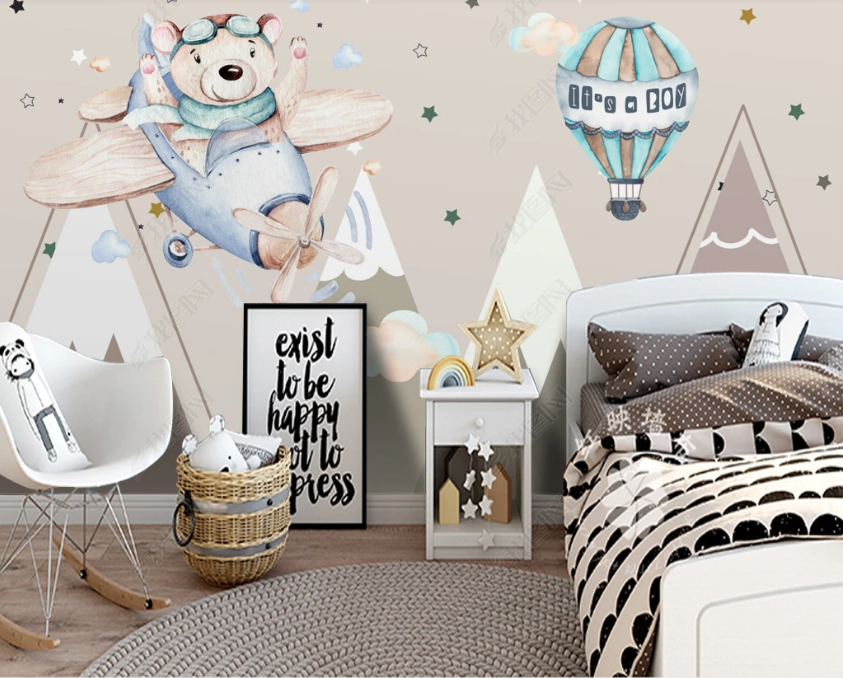 3D Cartoon Mountain Mountain Animal Airplane Hot Air Balloon Wall Mural Wallpaper Lqh 38