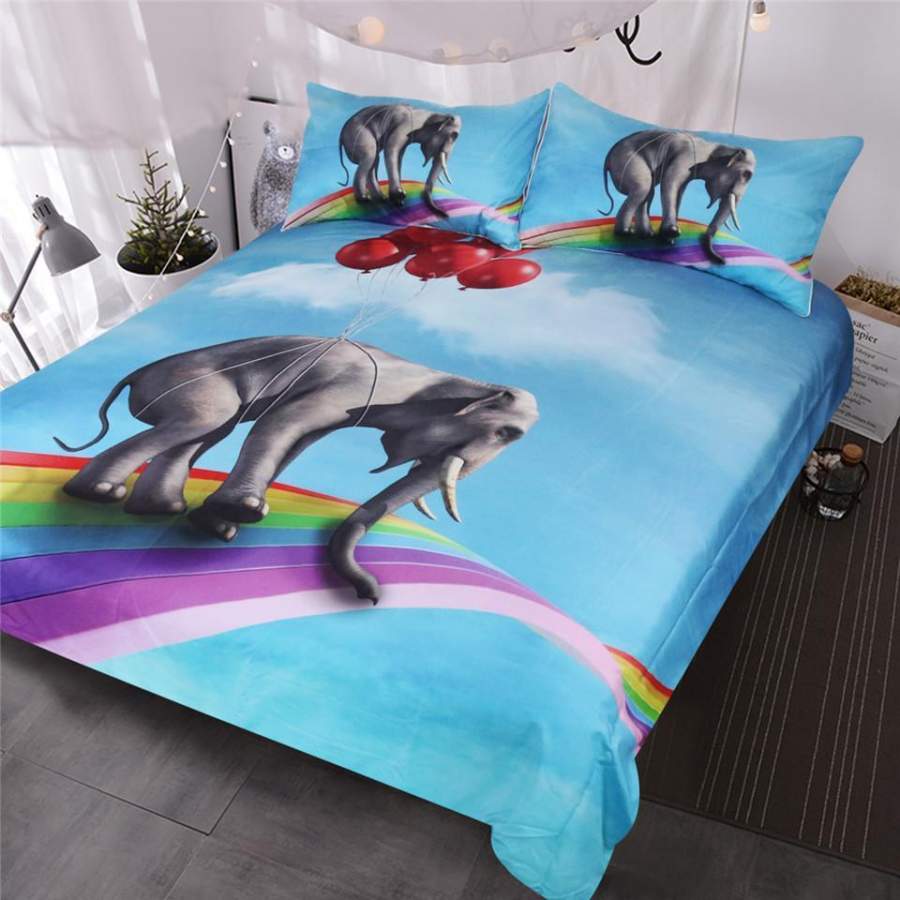 BlessLiving 3D Ky Blue Elephant Riding Balloons Rising 3 Piece Rainbow Cute Bedspreads For Kids Teens 3D Customize Bedding Set Duvet Cover Set Bedroom Set Bedlinen