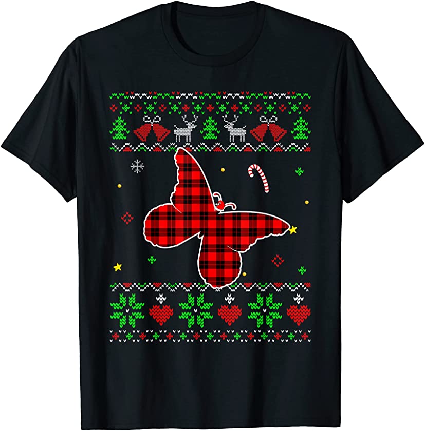 Red Plaid Ugly Sweater Christmas Animals Butterfly Lover T-Shirt