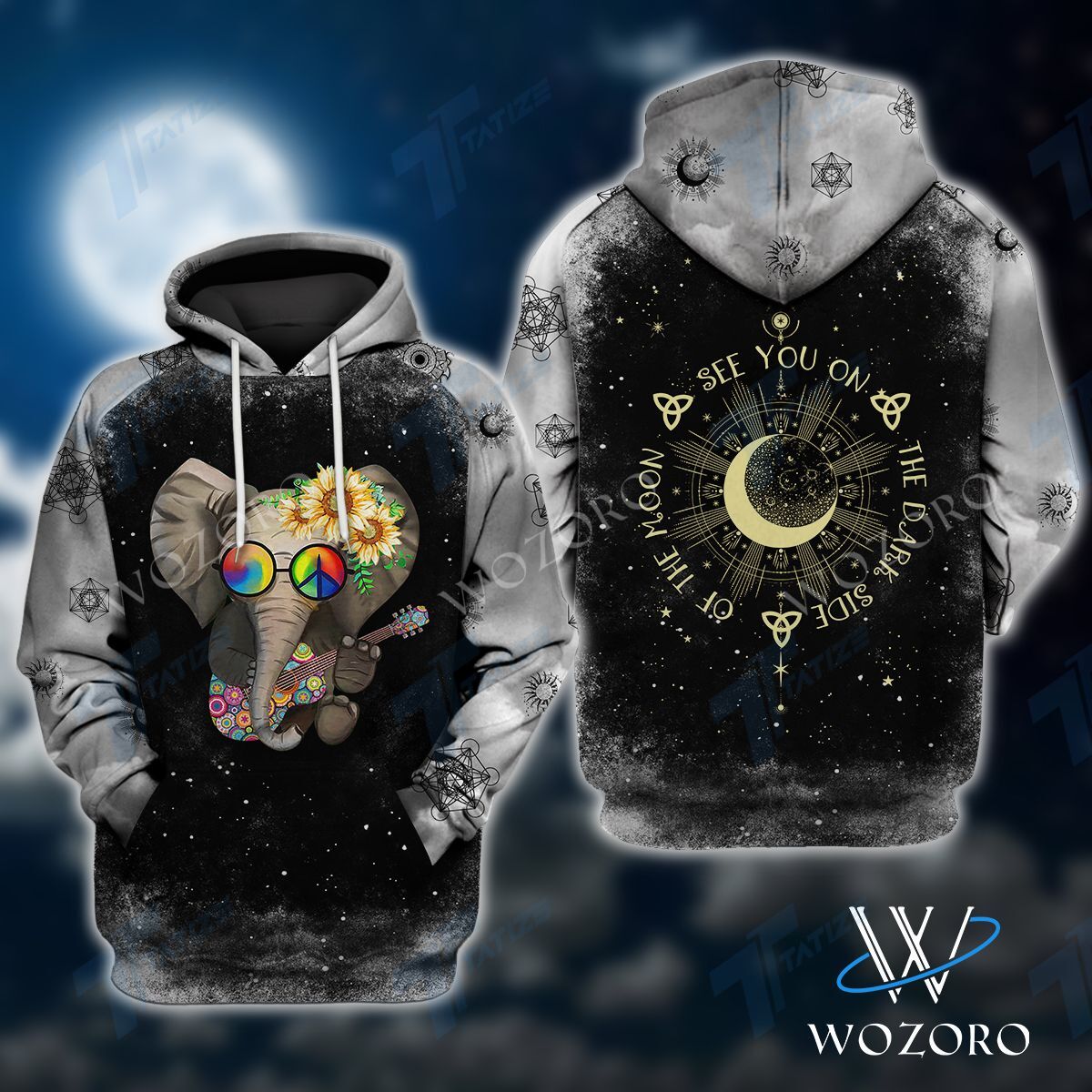 Hippie Elephant See You On The Dark Side Of The Moon 3D All Over Printed Shirt, Sweatshirt, Hoodie, Bomber Jacket Size S – 5XL