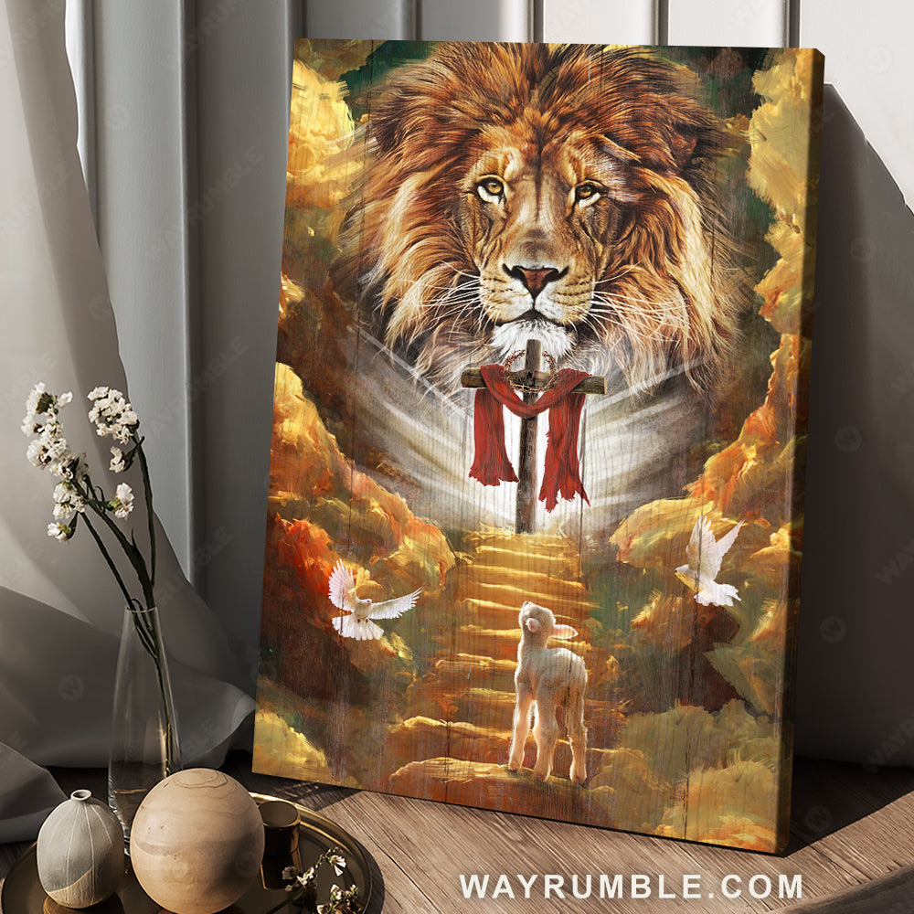 Awesome Lion Head, Wooden Cross, Lamb Of God, To The Beautiful Heaven – Jesus Portrait Canvas Prints, Christian Wall Art