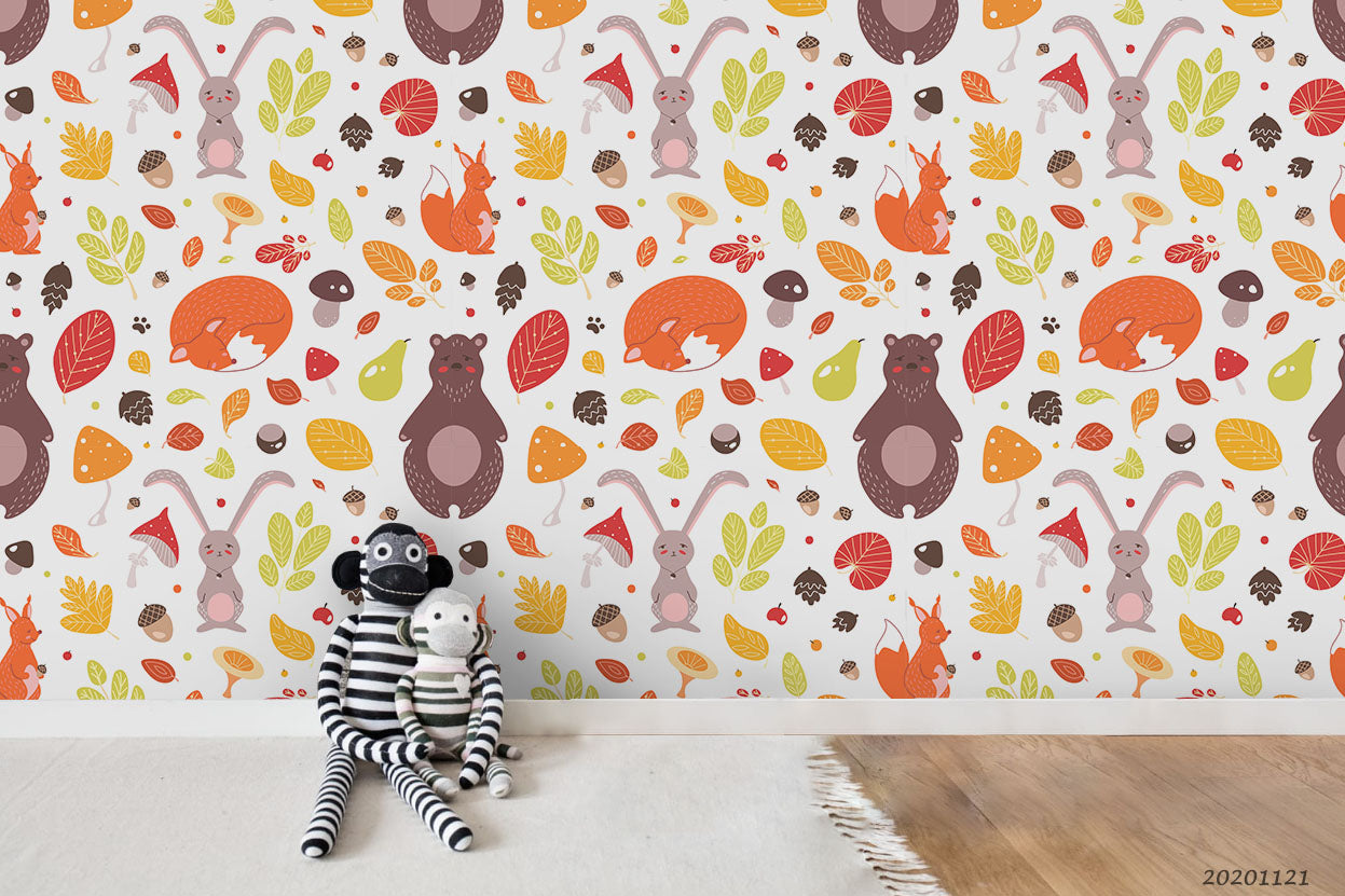 3D Cartoon Hand Drawn Bear Bunny Fox Tree Plant Animal Pattern Wall Mural Wallpaper Lxl