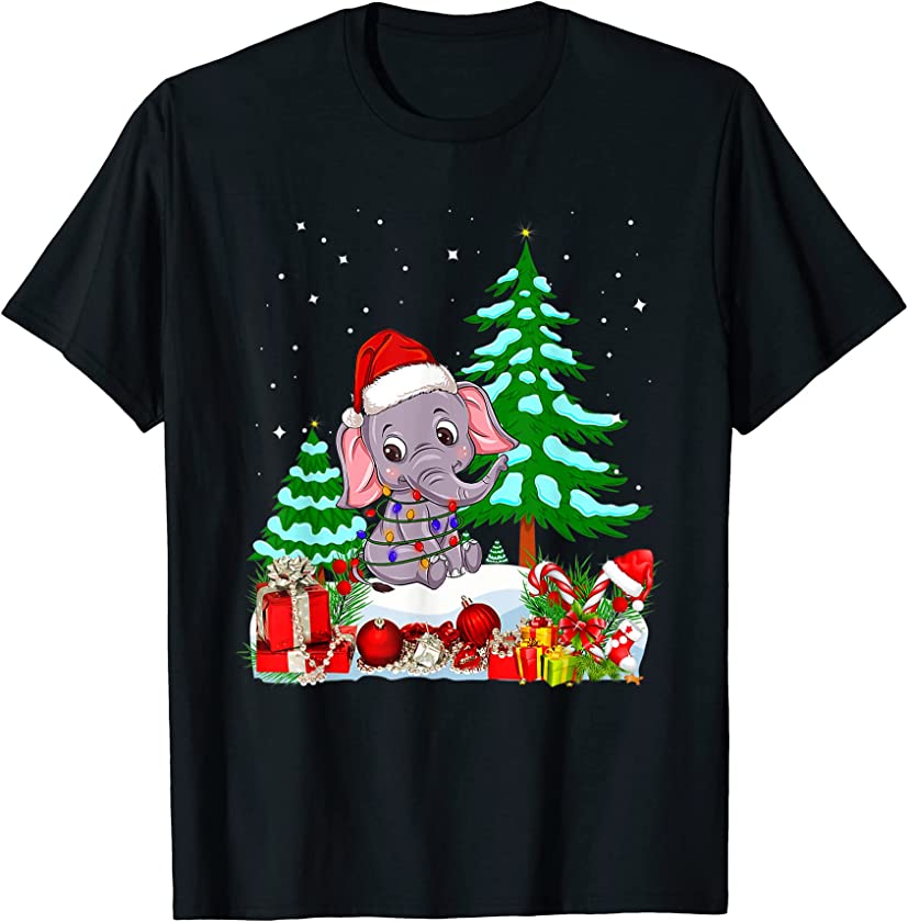 Merry Christmas Cute Elephant Santa Lights With Xmas Tree T-Shirt