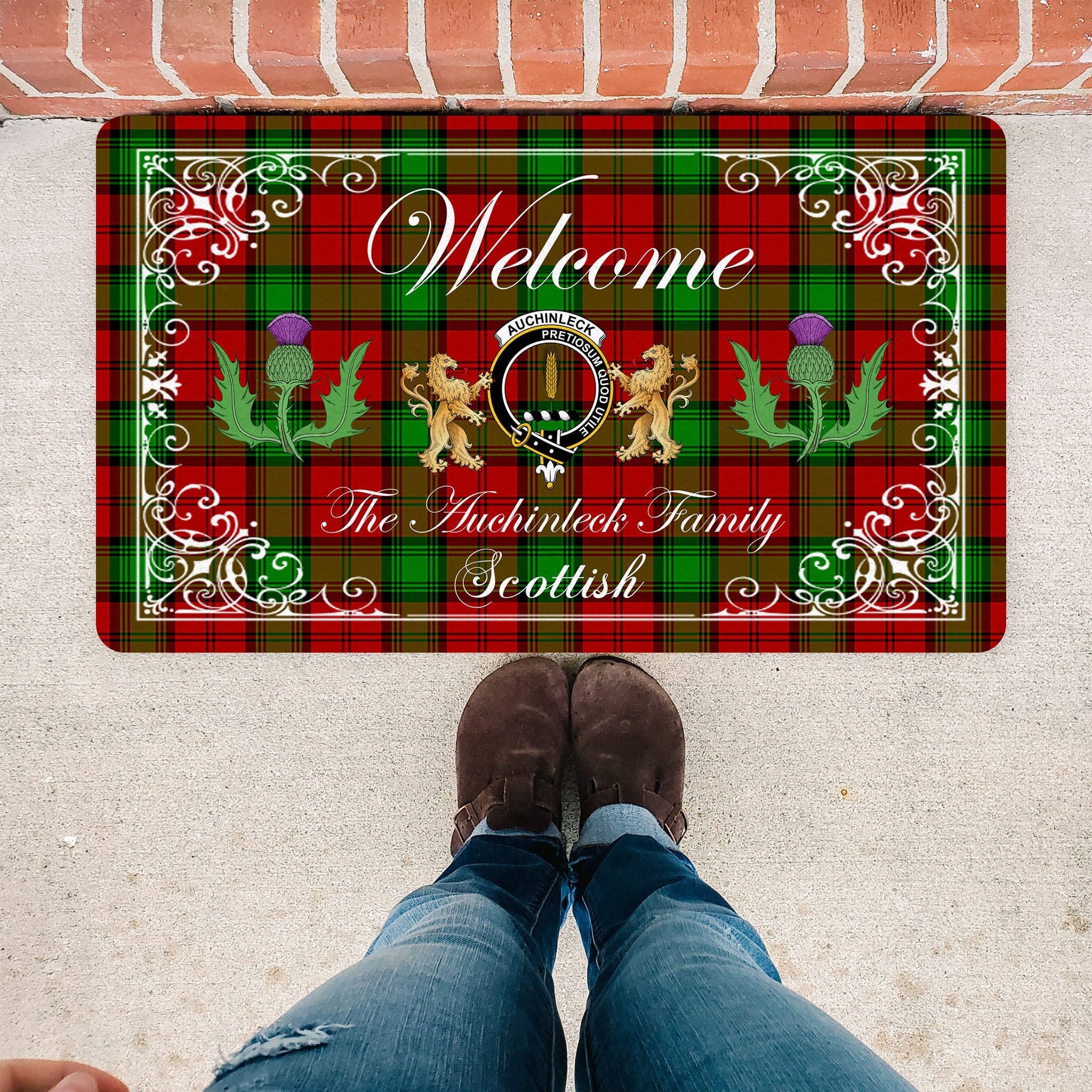 Scotstee Shop Tartan Door Mats Clan Auchinleck Badge Tartan Thistle And Two Lion Scottish Plaid Doormat, Christmas Door Mat Gift