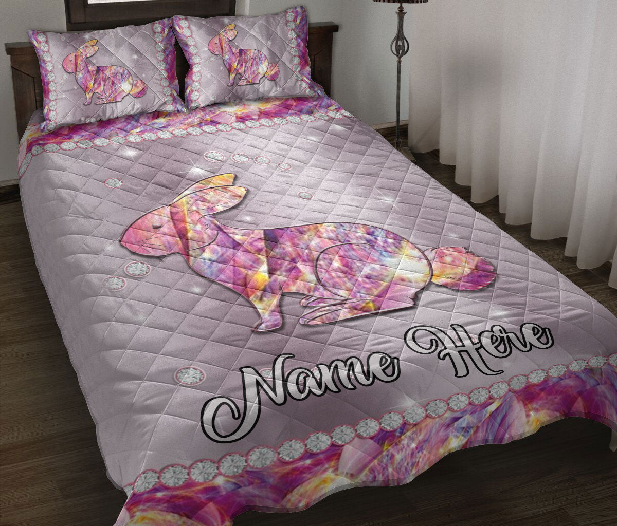 Personalized Rabbit Quilt Set, Cute Pink Rabbit Bunny Flower Floral Quilt Blanket With Pillowcases, Custom Name Quilt Bedding Set