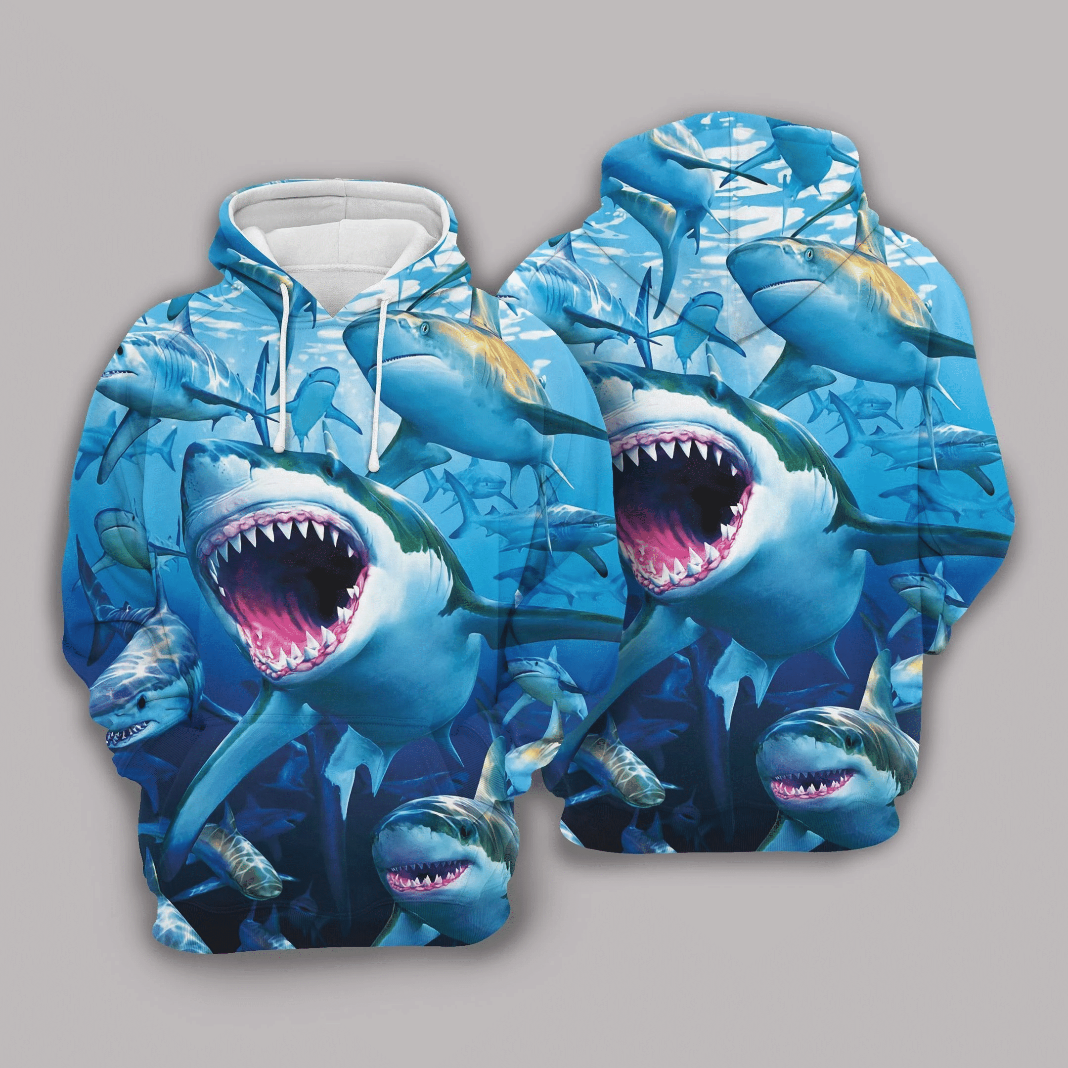 Shark Hoodie Many Sharks Scary Shark Teeth Blue Hoodie Apparel Adult Unisex Full Print