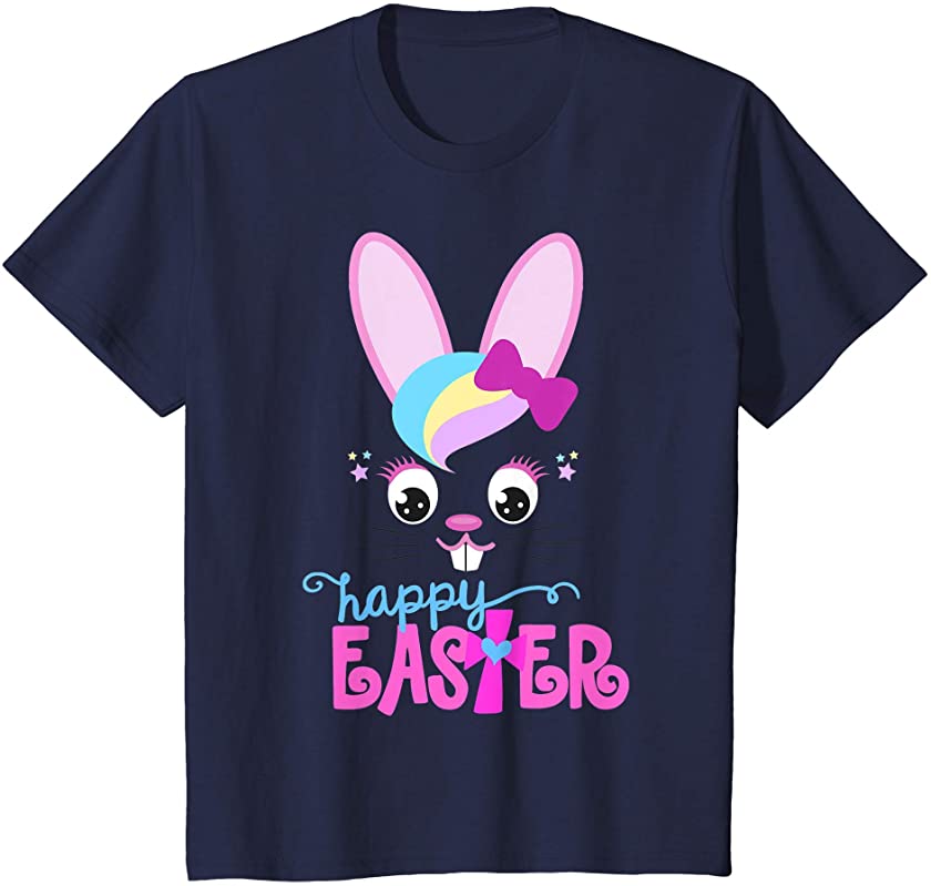 Kids HAPPY EASTER Bunny Rabbit Emoji Face Christian Toddler Girls T-Shirt