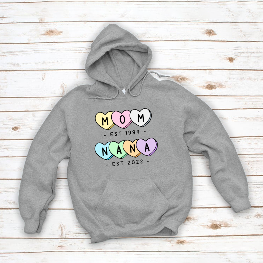 Mom Est Grandma Est Hearts Hoodie