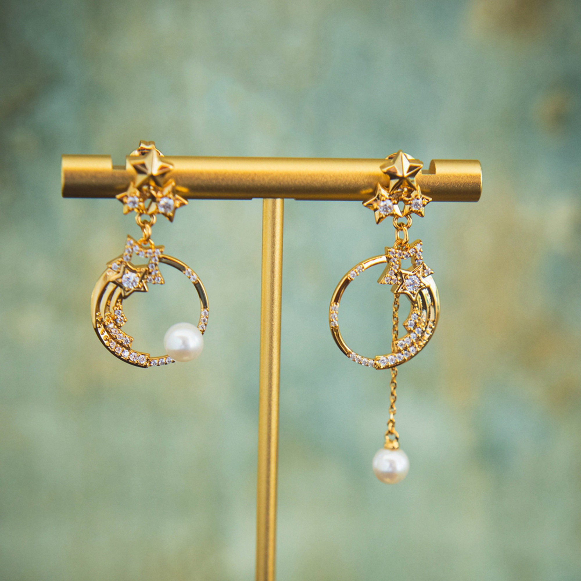 Star With Moon Pearl Earrings, Original Design Earrings, Moon Star Silver Earrings, Natural Freshwater Pearl Earrings, Dress Accessories