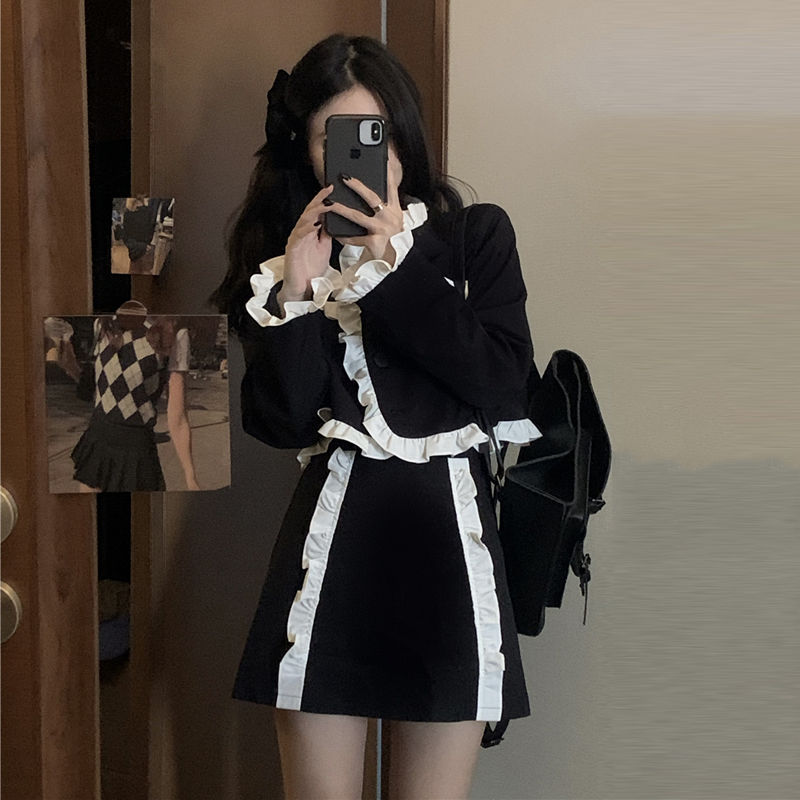 Autumn New Fashion Black Skirt Suit Women Korean Design Ruffled Contrast Color Cropped Jackets+mini Skirts Woman Sets alx