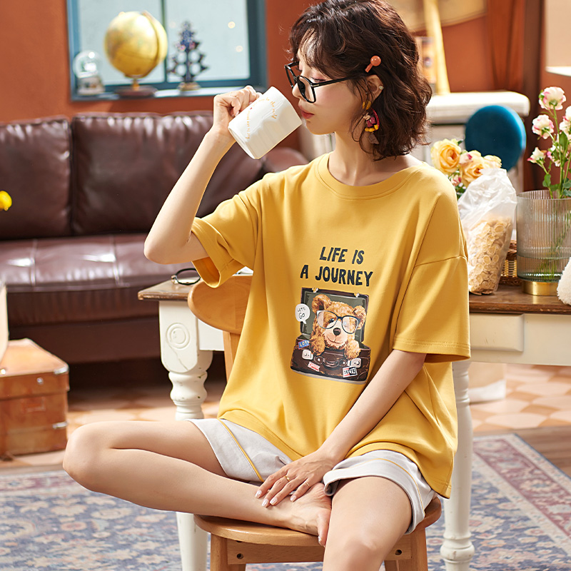 Women Pajamas Sets Fot Summer Cotton Short Sleeve Shorts 2pcs Sleepwear Cute Cartoon Print Sweet Girls Green O-Neck Nightwear alx