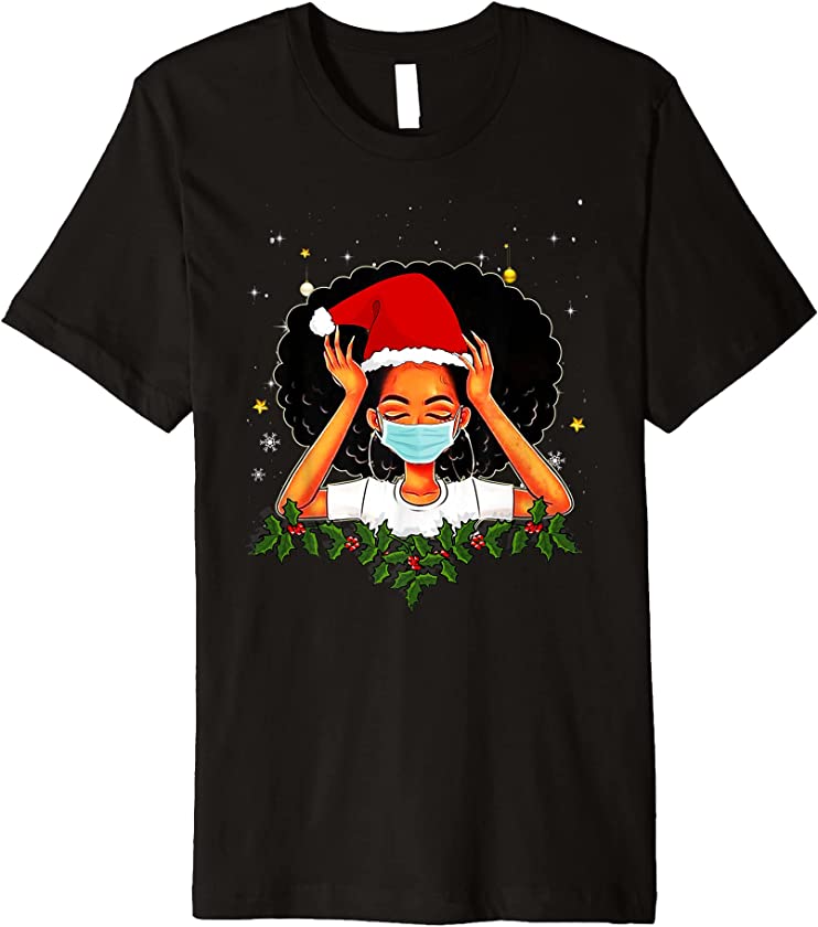 Santa African American Mask Christmas Tee for Women Melanin Premium T-Shirt