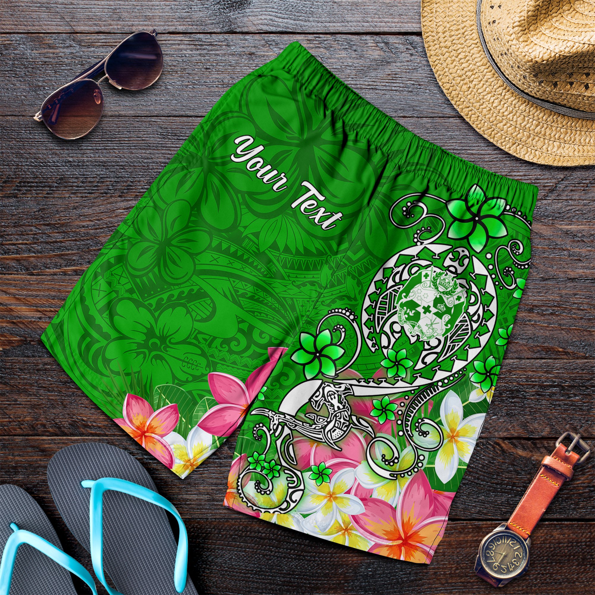 Tonga Custom Personalised Men’s Shorts – Turtle Plumeria (GREEN) – BN18