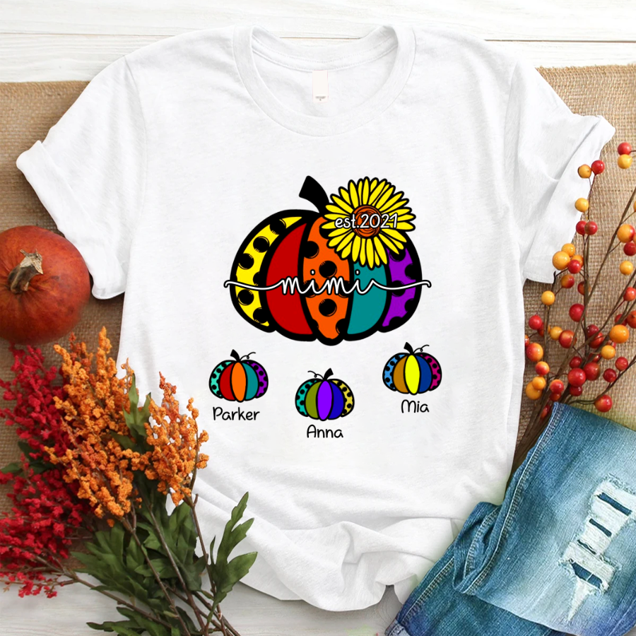 Personalized Mimi Pumpkin With Grandkids Name Tshirt Women