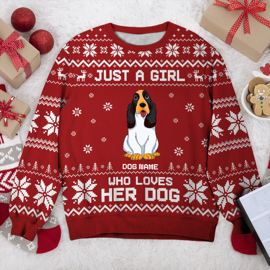 Basset Hound Just A Girl Personalized Sweater, Dog Ugly Christmas Sweater