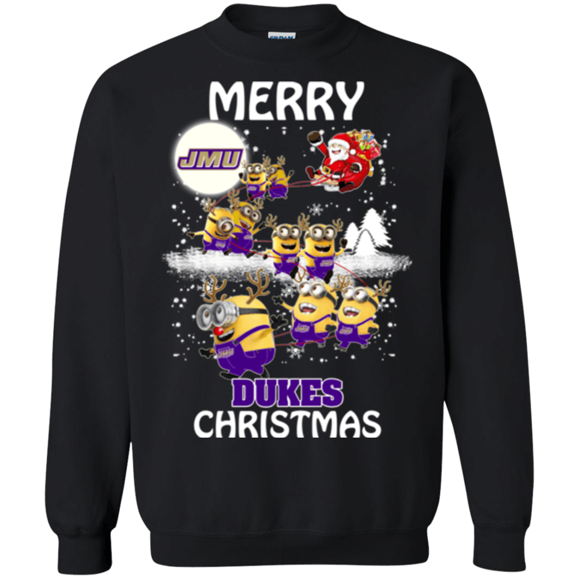 Outstanding James Madison Dukes Minion Ugly Christmas Sweaters Santa Claus With Sleigh Hoodies Sweatshirts