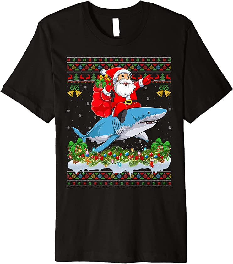 Shark Fish Xmas Pajama Ugly Santa Riding Shark Christmas Premium T-Shirt