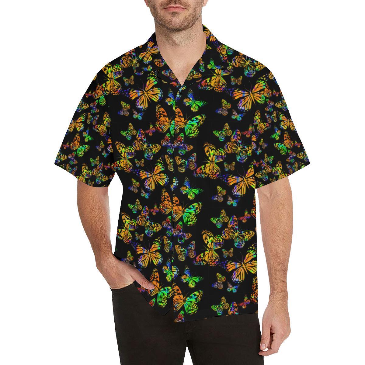 Butterfly Neon Color Print Pattern Hawaii Unisex Aloha Short Sleeve Casual Shirt Ha26081