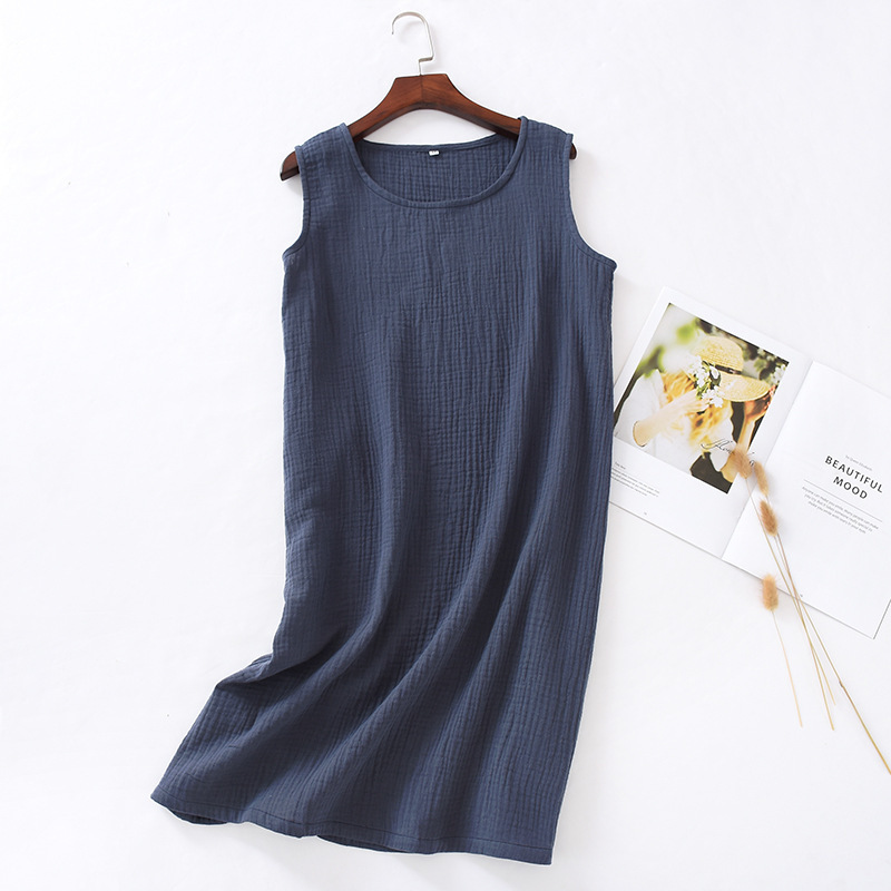 Summer 100% Cotton Gauze Sleepwear Dress Women Solid Sexy Nightgowns Sleeveless Sleep Tops Female Nightie Plus Size Homewear alx