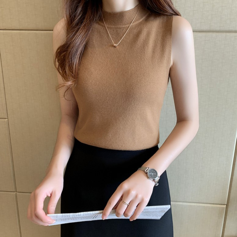 Women Round Collar Knitwear Top Vest Turtleneck Summer Tight Knit Top Knitted Vest Tee Sleeveless T-shirt Sweater Vest alx