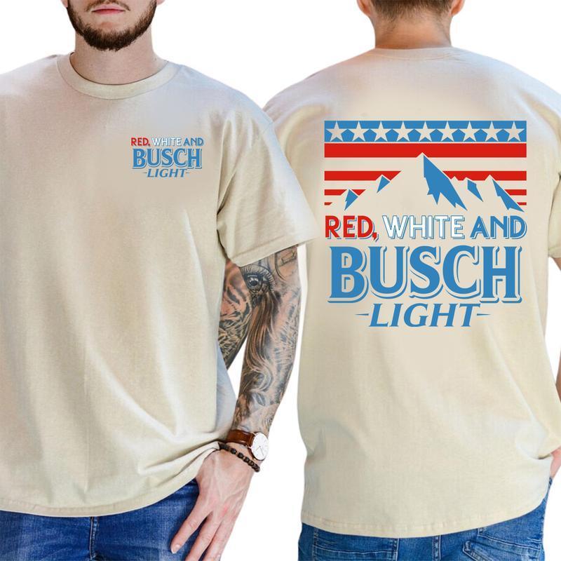 Red White & Busch Light Tee 2-Sided Patriotic Graphic T-Shirt, Unisex Summer Streetwear, Trendy Beer Shirt for Men & Women