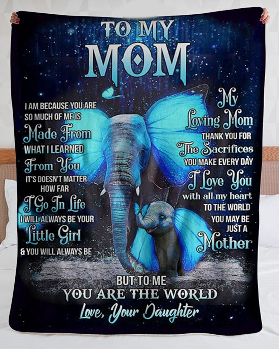 To My Mom I Am Because You Are, Elephant With Butterfly Wing Maternal Love Fleece Blanket Home Decor Bedding Couch Sofa Soft And Comfy Cozy Gift From Daughter