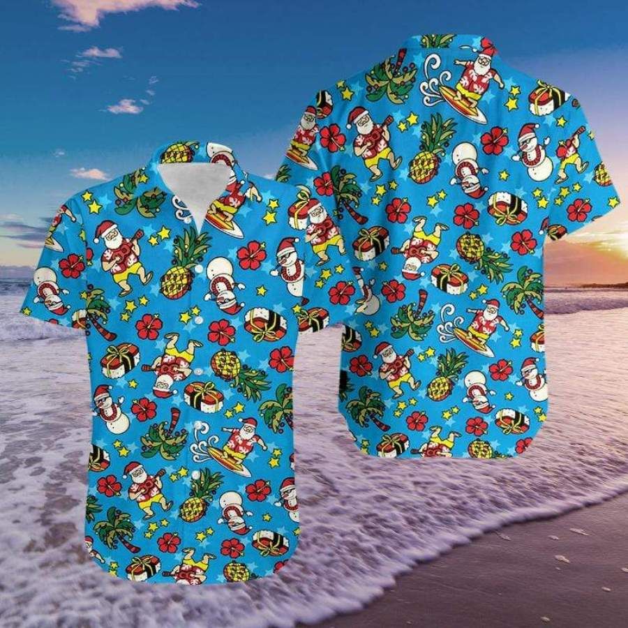 Blue Santa Claus Playing Guitar Pineapple Hawaii Shirts Ha4748