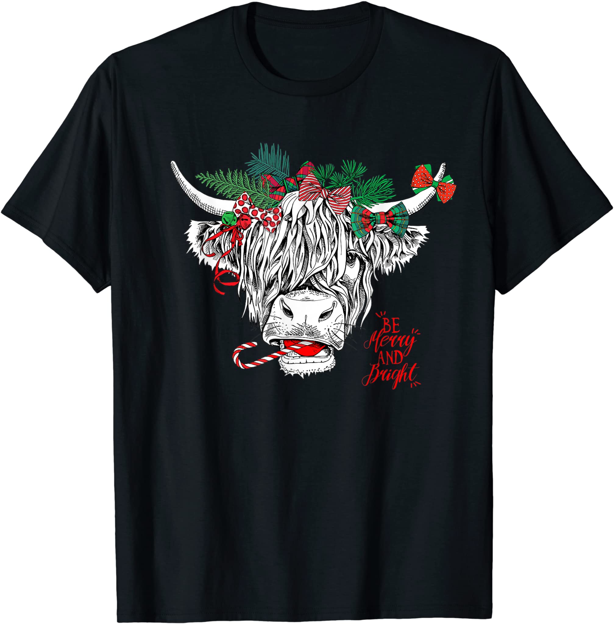 Be Merry And Bright Christmas Highland Cow Farming Farmer T-Shirt