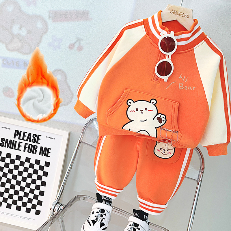 Boys’ Sports Half Zip thickened sweater 2022 new baby children’s autumn and winter Plush winter cartoon two-piece Set Girls alx