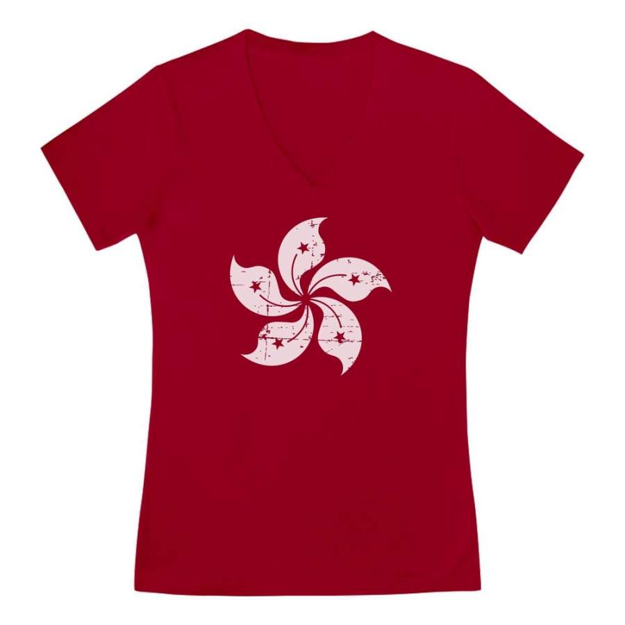 Vintage Hong Kong Flag V-Neck Fitted Women T-Shirt