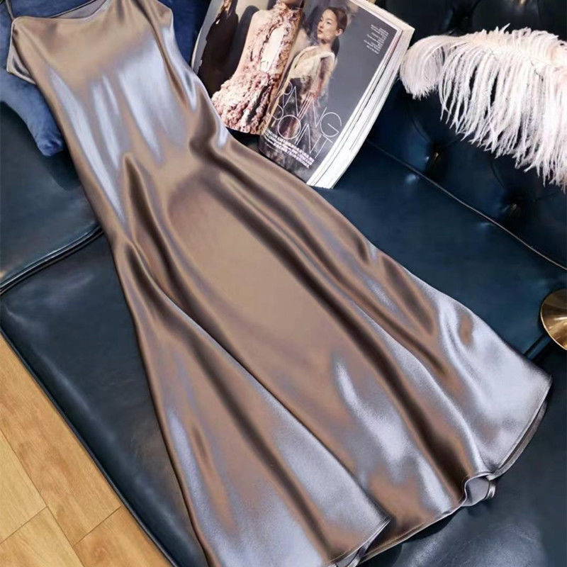 2021 New Acetate Dress Long Silk Satin Plus Size Suspender Skirt Night Wear Nighty for Ladies Sleeping Dress alx