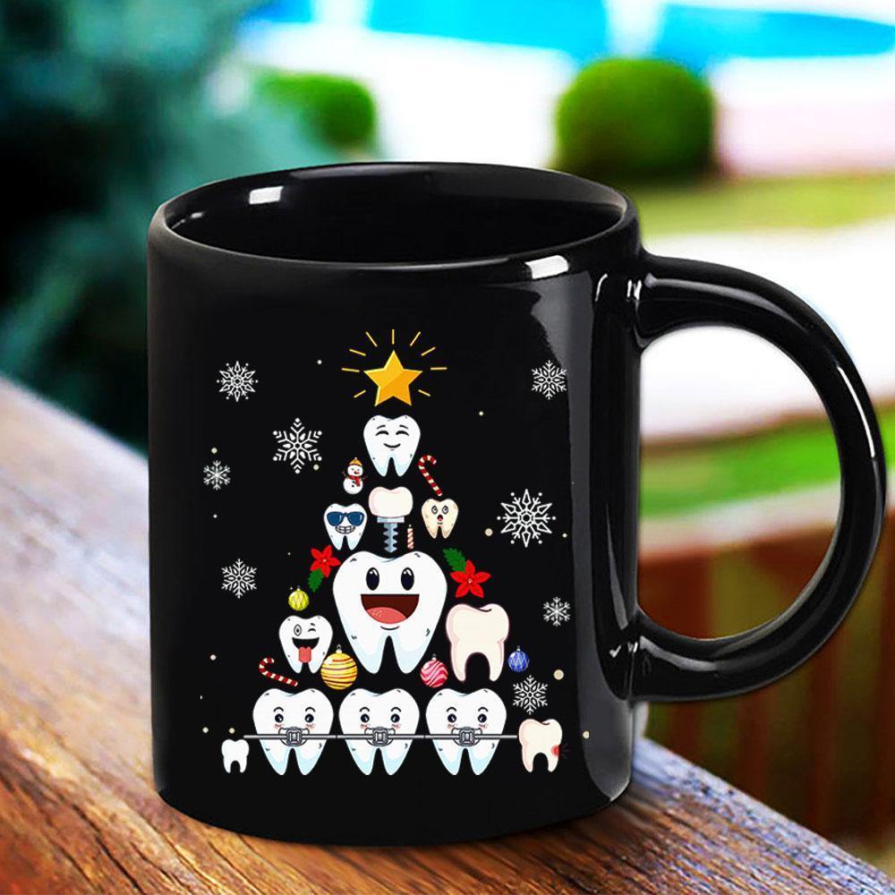 Dental Christmas Tree Teeths Candy Cane Snow Winter Season Ornament Lovers Black Mug