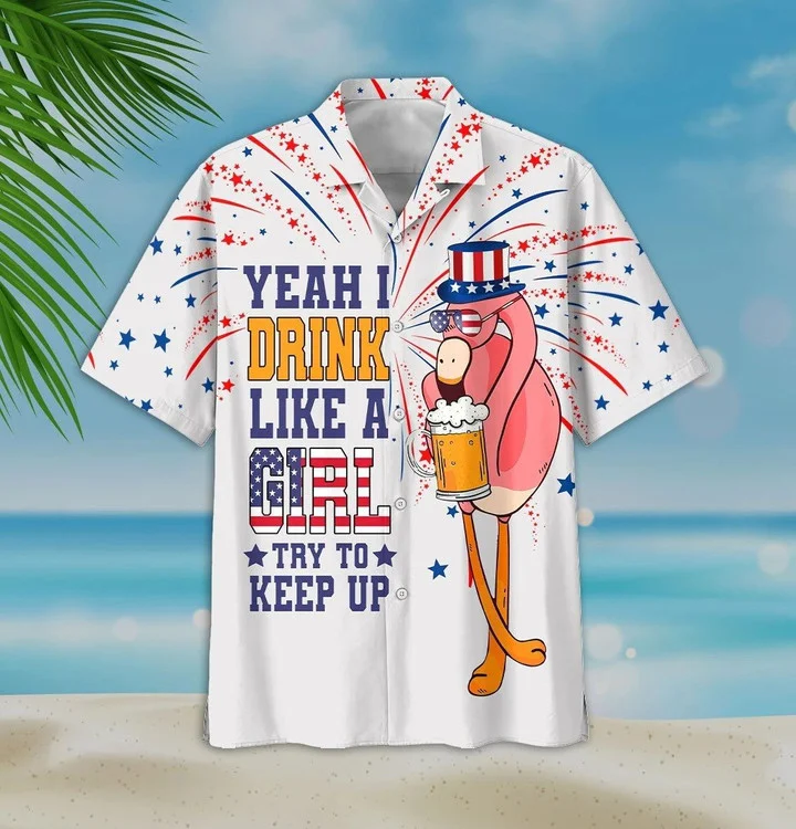 Yeah I Drink Like A Girl Charming Flamingo And Beer White Theme Hawaii Shirt Ha43976