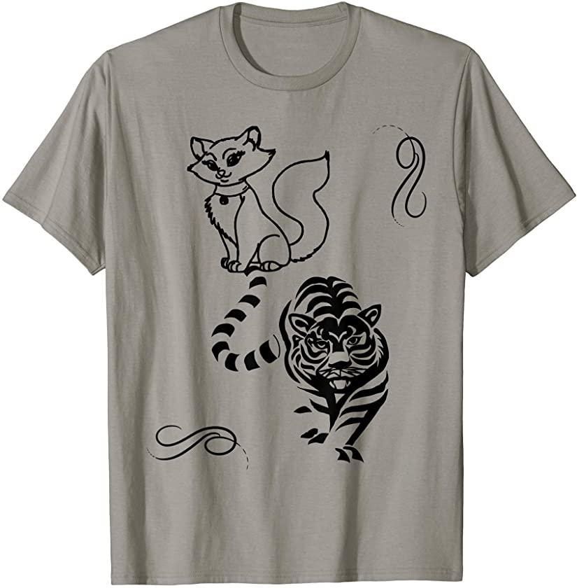 Cat Vs. Tiger Cute Mean Graphic Design T-Shirt