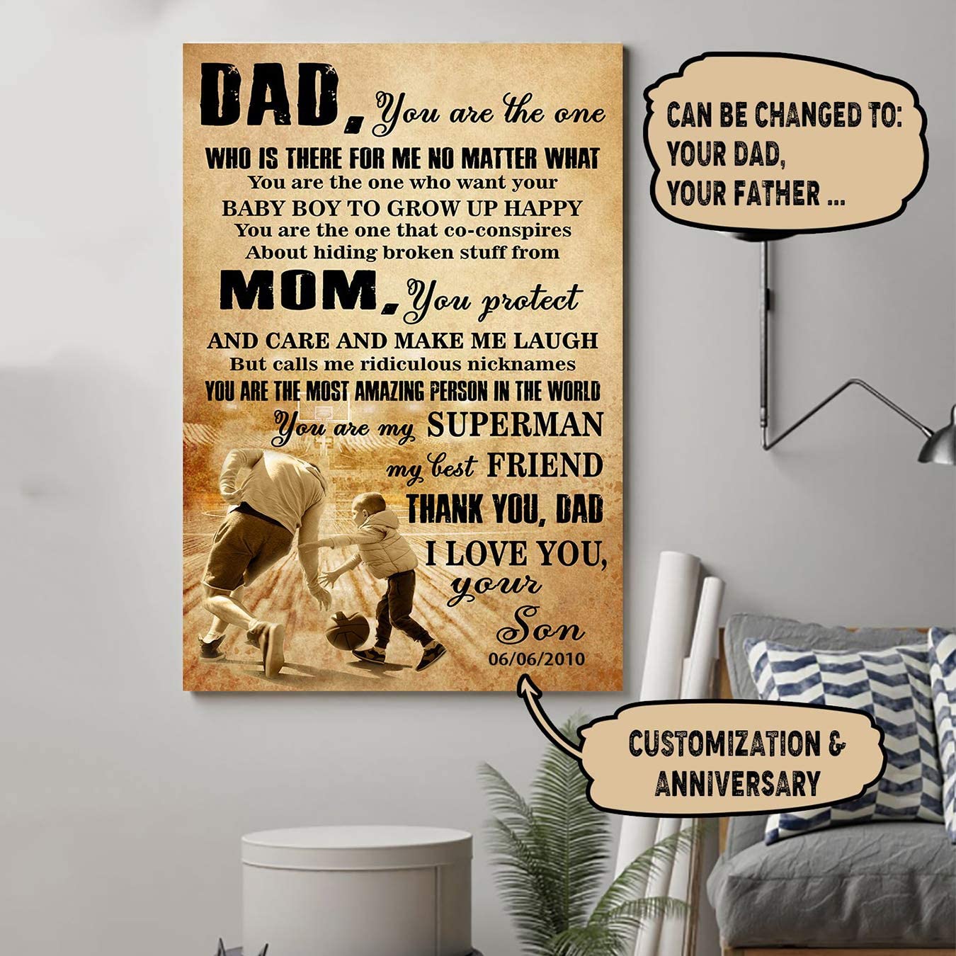 Poster for Room Aesthetic -Command Strips Wall Decor – Ly97 Customizable Basketball Poster – Son to Dad – You are The One