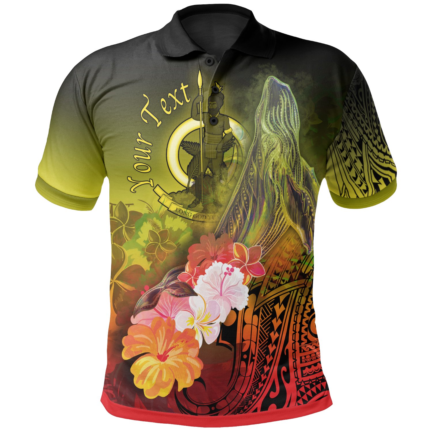 Vanuatu Custom Personalised Polo Shirt – Humpback Whale with Tropical Flowers (Yellow)- BN18