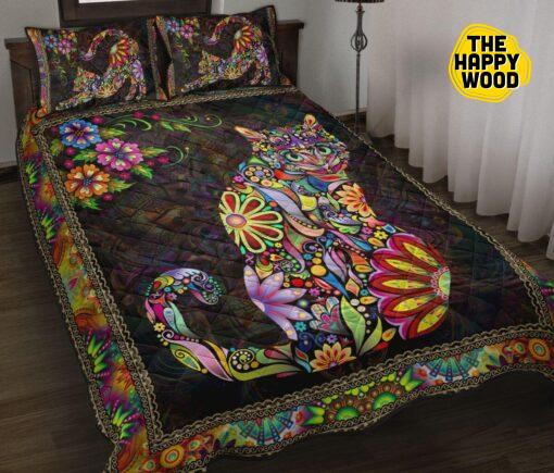 Cat Flower Mandala Colorful Style Quilt Bed Set And Pillow Covers