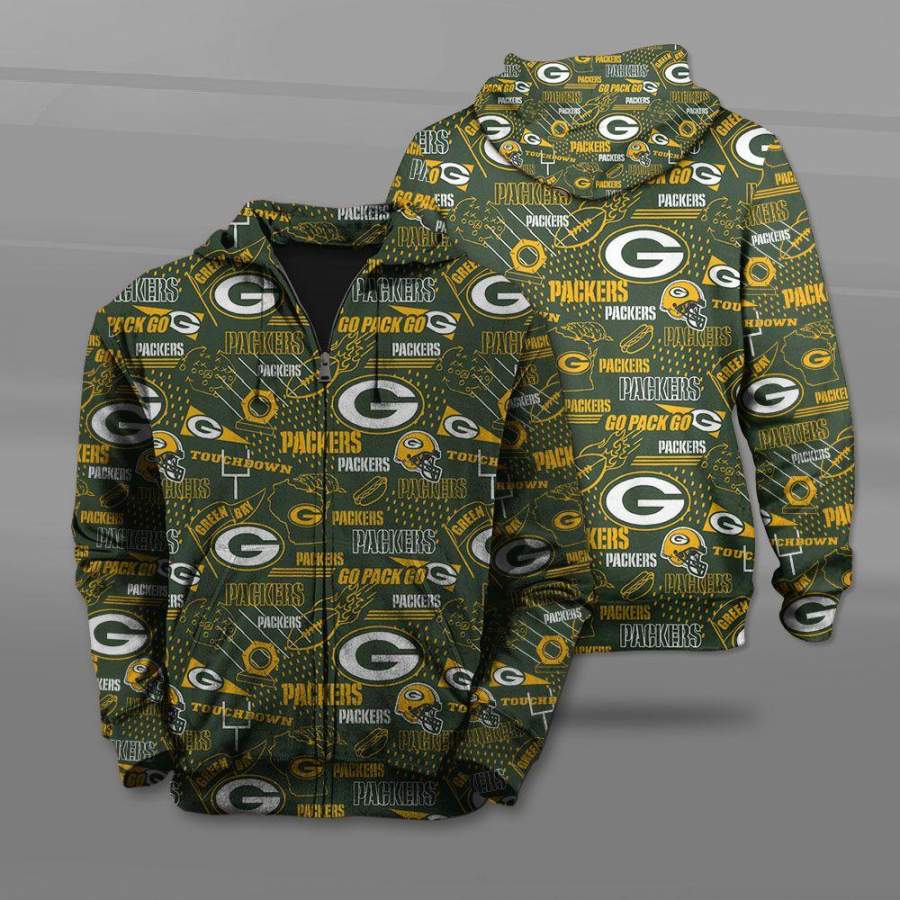 Men / Women Green Bay Packers All Over Print 3D Zipper Hoodie, Green Bay Packers All Over Print Logo Packers Zipper Hoodie