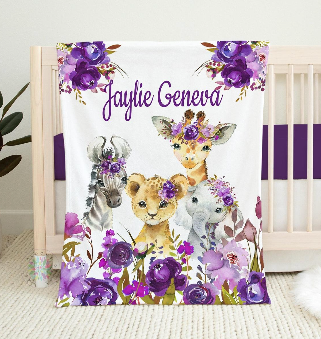 Safari Animals Baby Blanket, Personalized Baby Blanket Gift, Purple Lavender Floral Watercolor Flowers Personalized Blanket, Baby Shower Gift