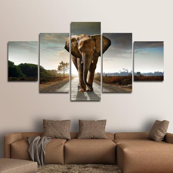 Brown African Elephant Animal 5 Panel Canvas Art Wall Decor