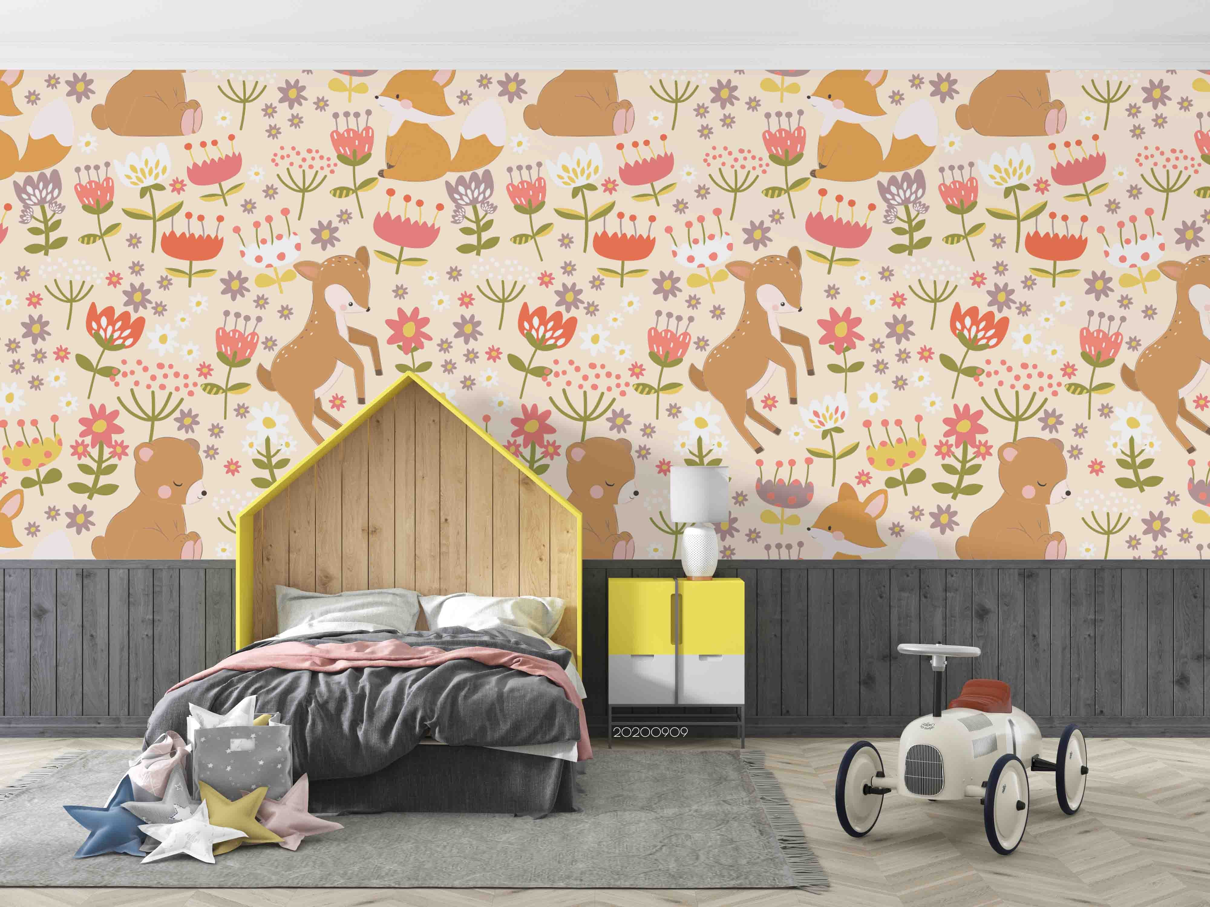 3D Floral Plant Bear Deer Animal Wall Mural Wallpaper Lxl