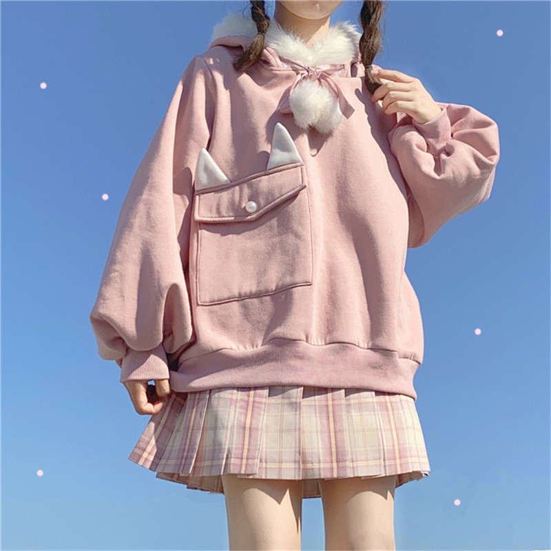 Kawaii Fluffy Bunny Ear Pink Hoodie Women Lolita Teen Soft Girls Cute Sweatshirt Sweet Aesthetic Oversized Winter Blue Pullover alx