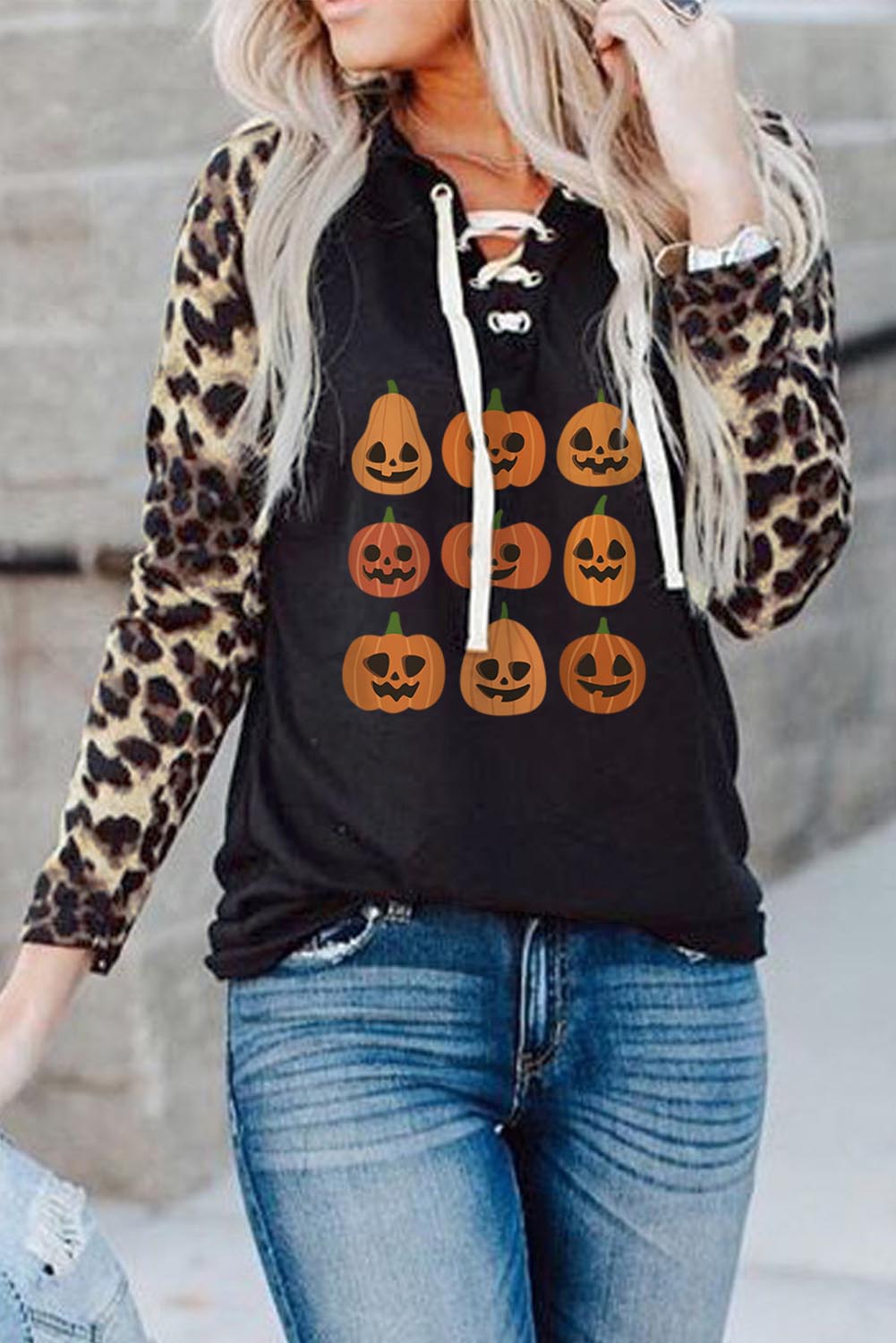 Women’S Sweatshirts Leopard Pumpkin Lace-Up Sweatshirt