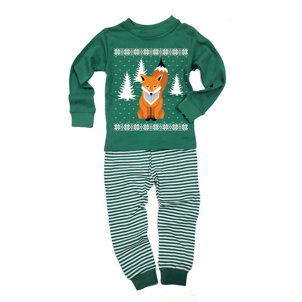 Big Fox Ugly Christmas Sweater Toddler Long Sleeve Top Striped Pants Pajama Set